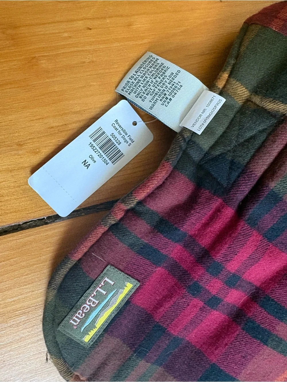 NEW L.L. Bean Reversible Field Coat for Dogs Olive Green Red Plaid - Small (S)